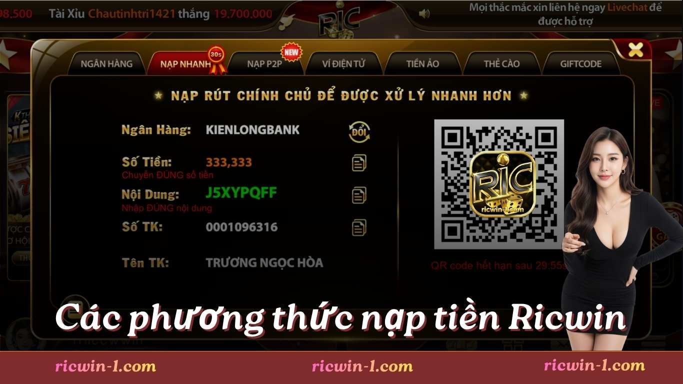 Các phương thức nạp tiền Ricwin đang triển khai